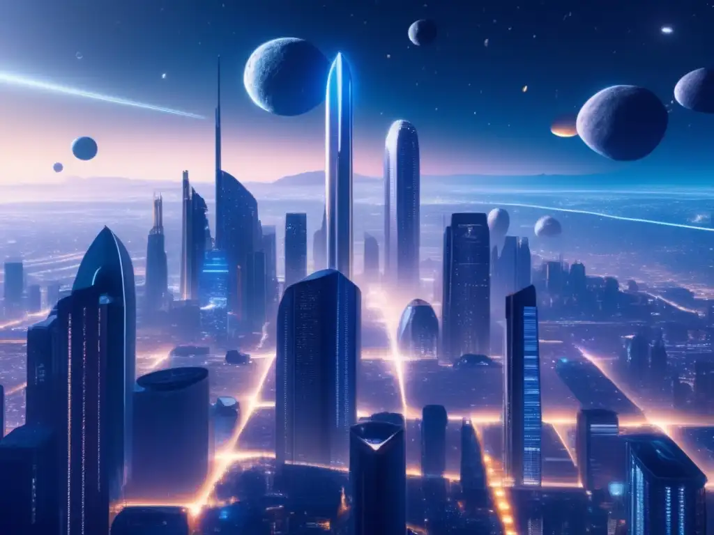 Ciudad nocturna con rascacielos futuristas y asteroides Impacto cultural asteroides tipo C en ciudad nocturna