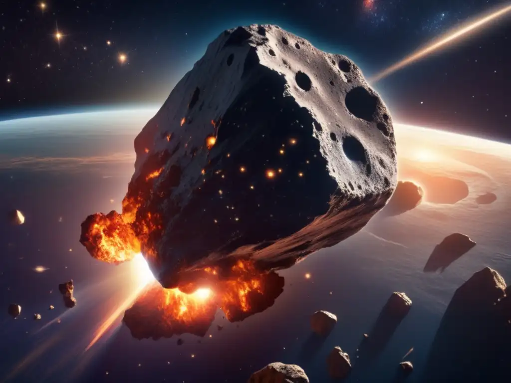 Asteroida hacia la Tierra, impacto inminente Impacto devastador de asteroide en la Tierra, con escena impactante de explosión y destrucción