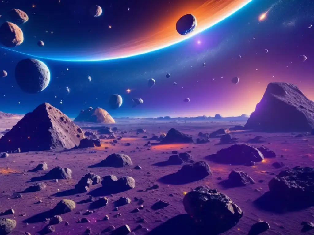 Espectacular campo de asteroides en el espacio Impacto ecológico: Asteroides, minas espaciales y nave futurista