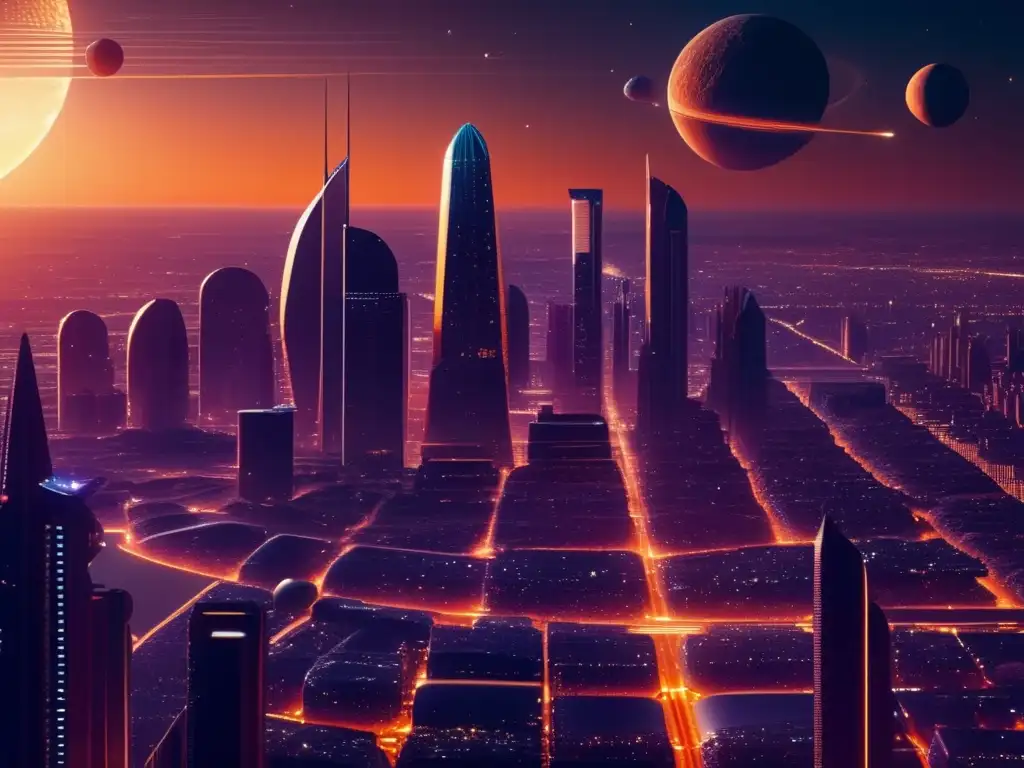 Futura ciudad futurista rodeada de asteroides Impacto económico de los asteroides: ciudad futurista, rascacielos, asteroides, recursos minerales, mercado global
