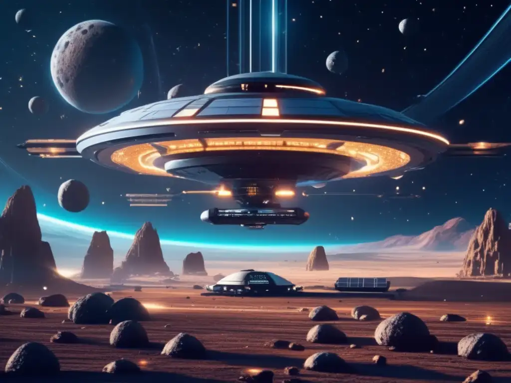 Estación espacial futurista entre asteroides Impacto económico de los asteroides en una estación espacial futurista rodeada de asteroides y el universo