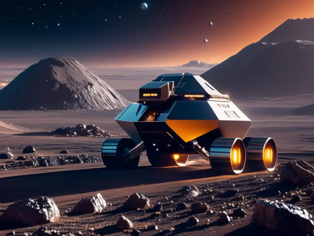 Minera espacial futurista en asteroide Impacto económico de asteroides: mina futurista en un asteroide, con tecnología avanzada y metales preciosos
