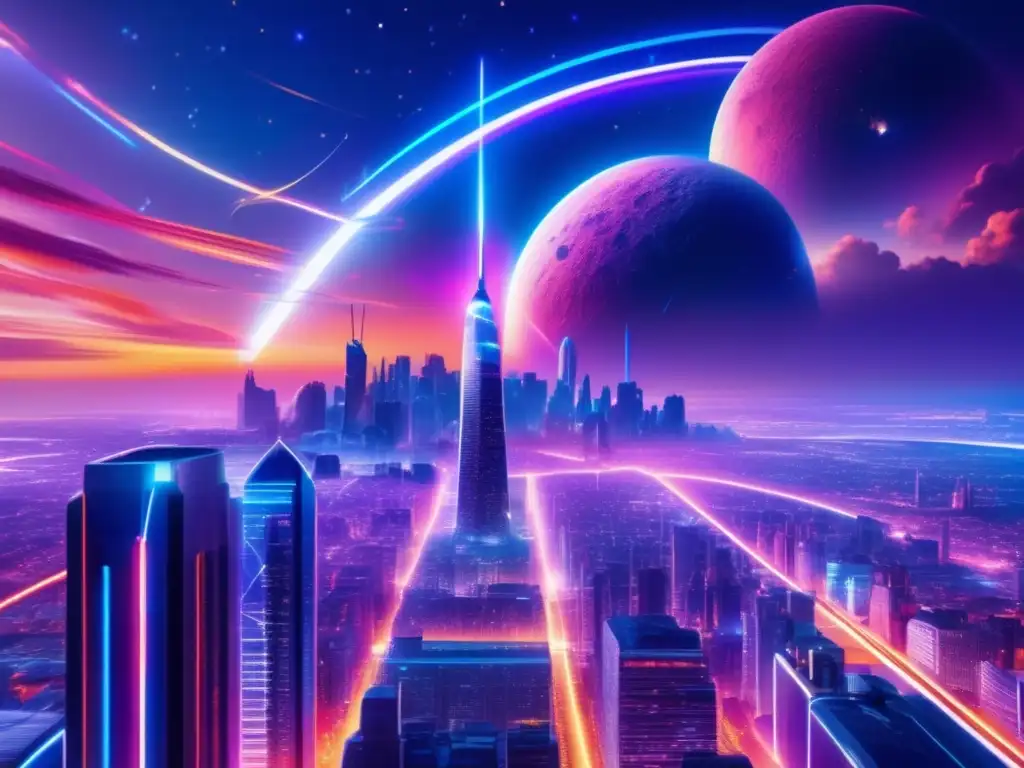 Futurista ciudad con rascacielos y asteroide Impacto económico de los asteroides en futurista ciudad con rascacielos y neones