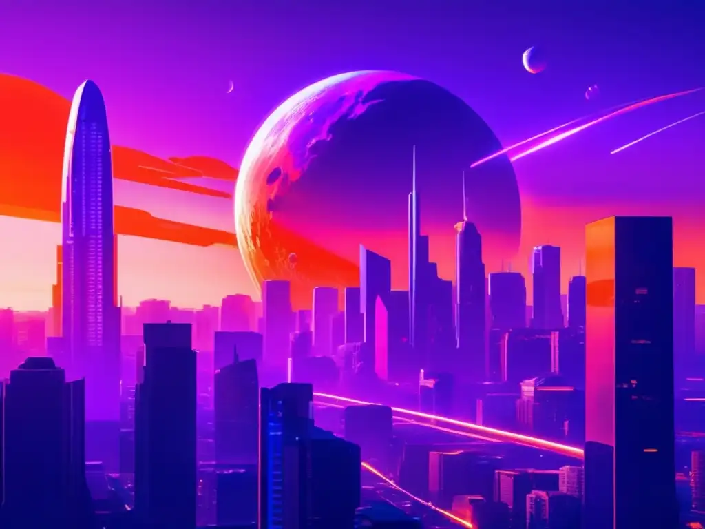 Futuro impacto económico de asteroides Impacto económico de los asteroides en una futurista ciudad con rascacielos y un asteroide amenazante