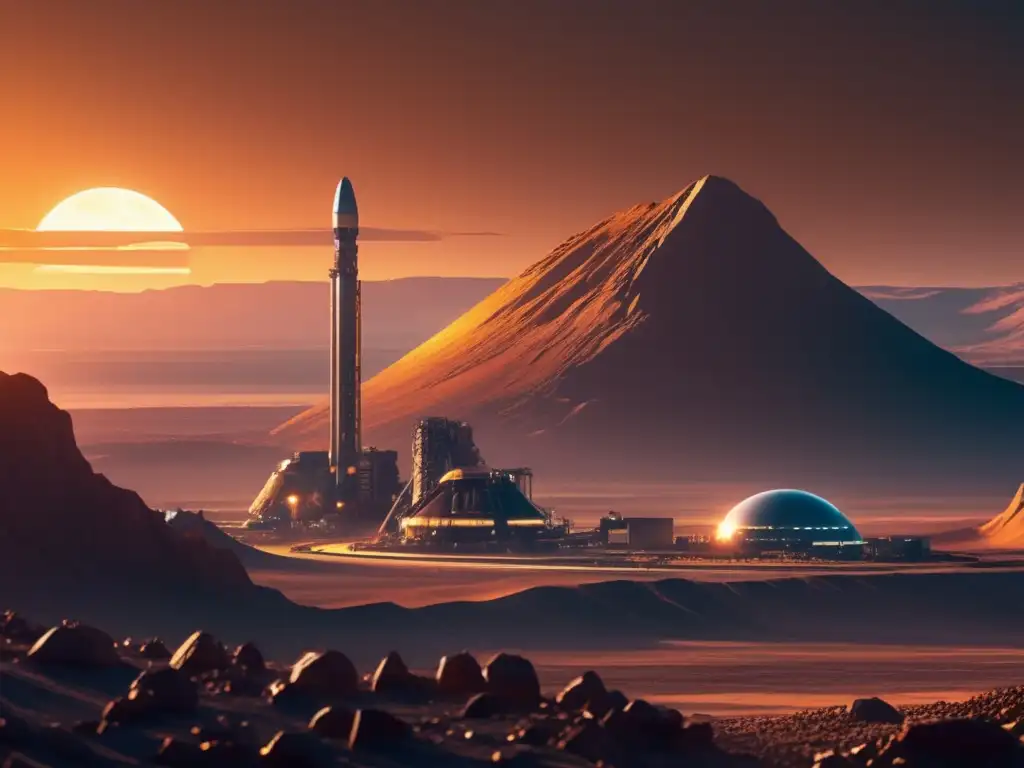 Mina futurista en asteroide Impacto económico de la explotación de asteroides: Futurista imagen en 8k de una mina de alta tecnología en un asteroide distante
