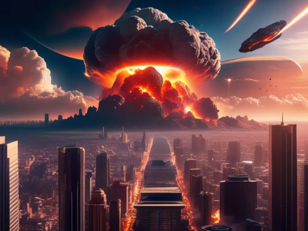 Ciudad en caos por impacto de asteroide Impacto económico de asteroides en la Tierra: ciudad caótica, devastación, científicos y tecnología avanzada