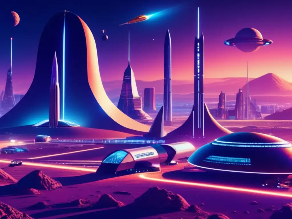 Impacto económico de los asteroides: un vibrante espacioport en un asteroide distante, con naves futuristas y científicos en investigación