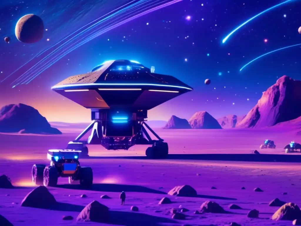 Futuro minero espacial: asteroides y drones Impacto económico de la explotación de asteroides: Operación minera espacial futurista con asteroides ricos en minerales y drones de extracción