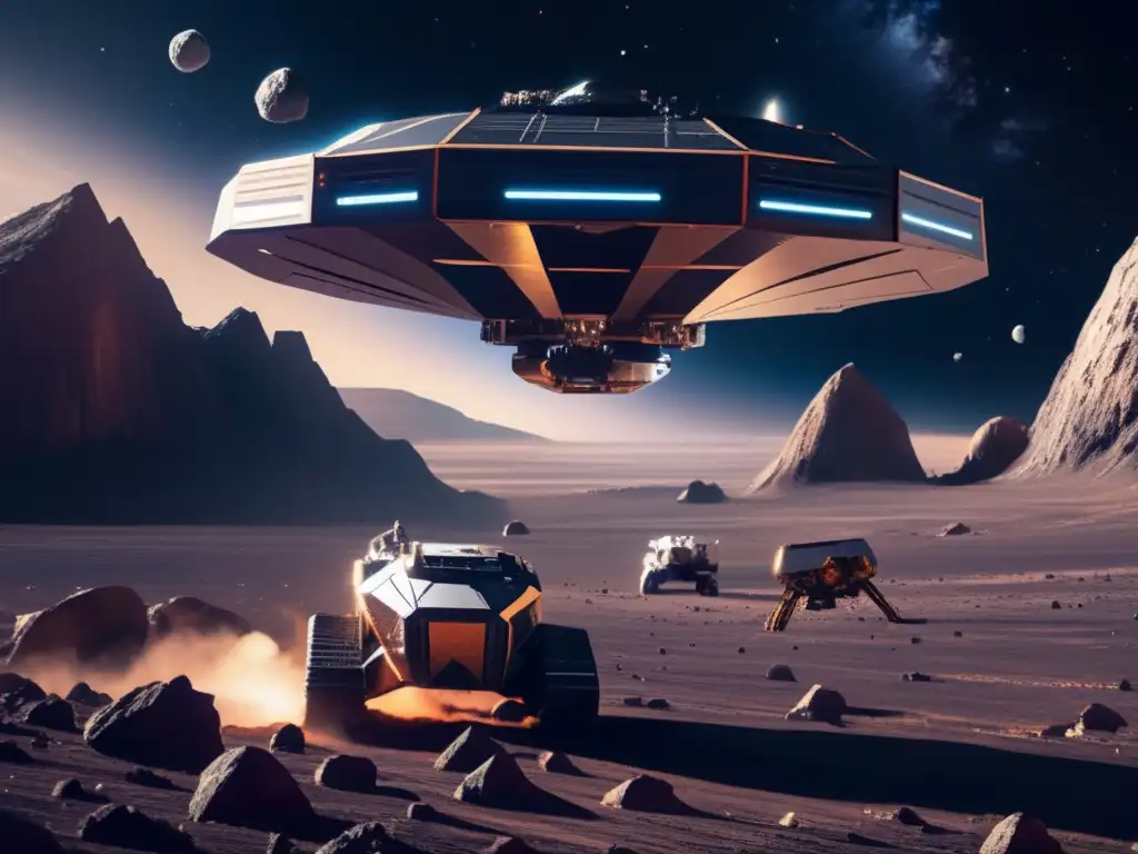 Impacto económico de la minería de asteroides: Futurista operación minera extrae minerales valiosos en el espacio