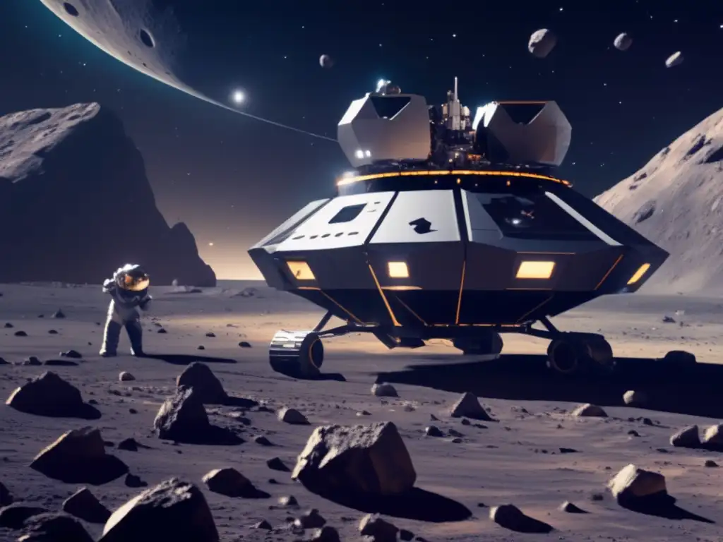 Operación minera espacial futurista en asteroide Impacto y explotación de asteroides en la Tierra: una imagen futurista de una operación minera espacial en un asteroide