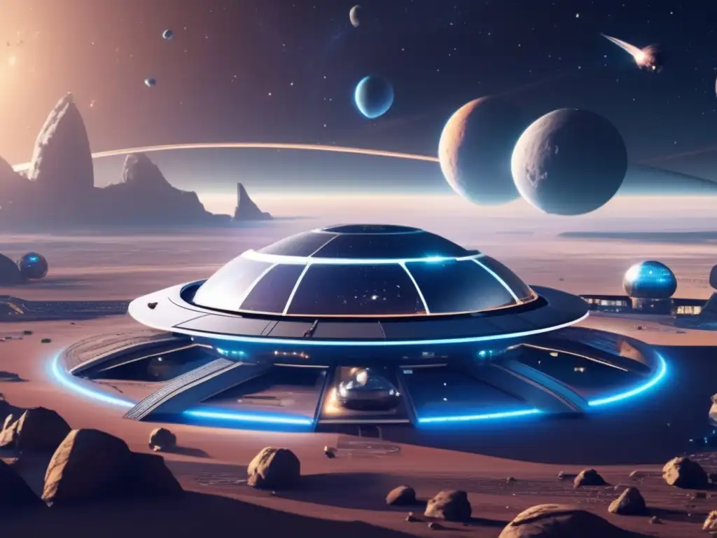 Comité ONU asteroides impacto futuro: Hub internacional futurista rodeado de asteroides, tecnología avanzada y vista impresionante del cosmos