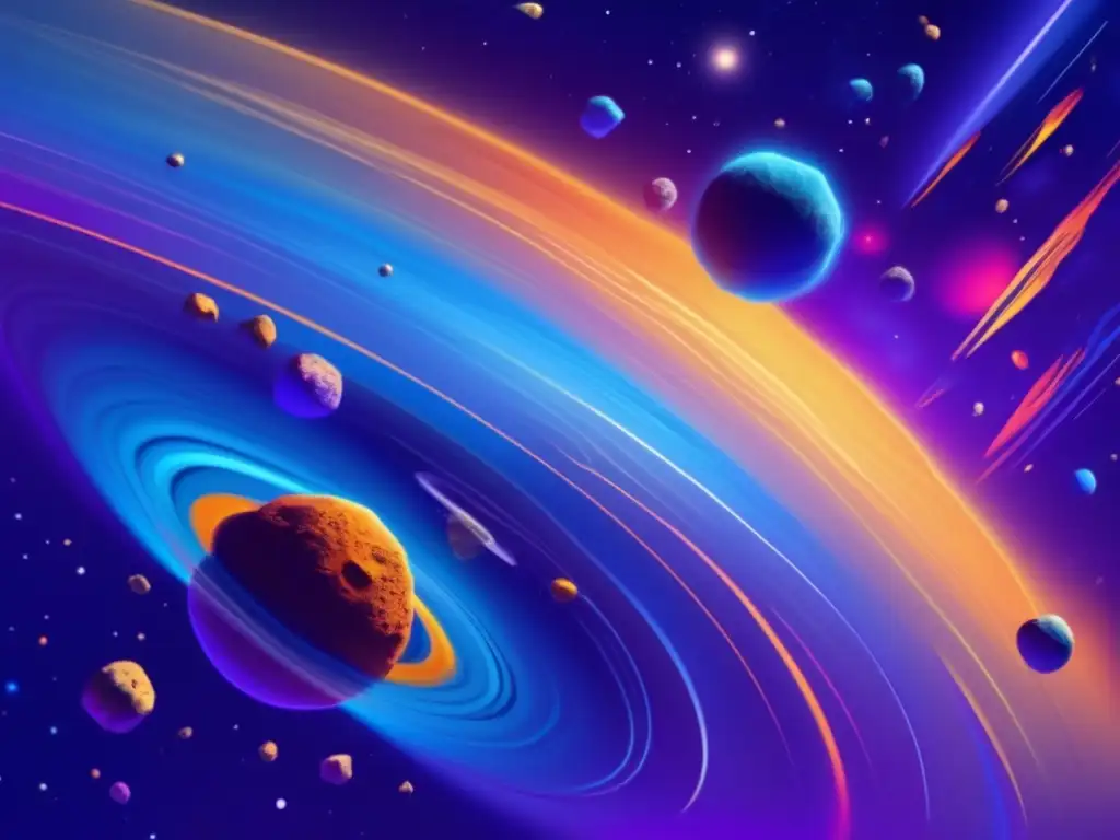 Fascinante danza de asteroides y lunas Impacto gravitacional en lunas asteroides: deslumbrante imagen de asteroides flotando en el espacio, rodeados de colores y patrones hipnotizantes