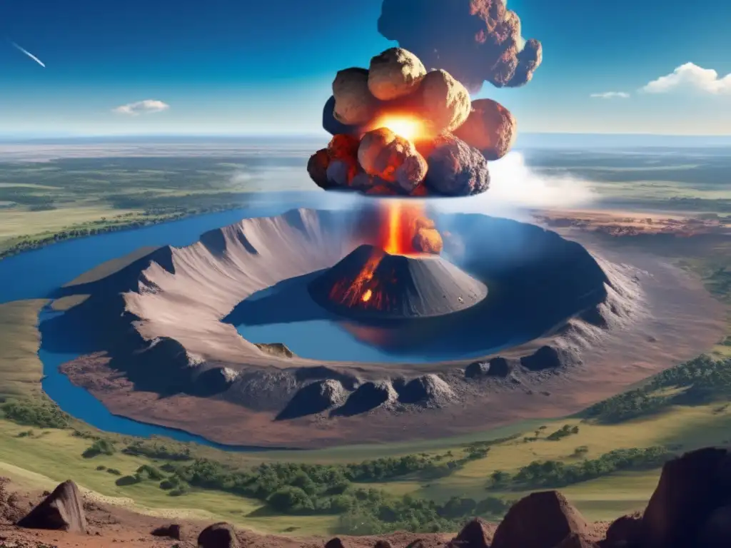 Impacto histórico de asteroide: escena impactante de explosión y destrucción, reflejando casos históricos de exploración y explotación de asteroides