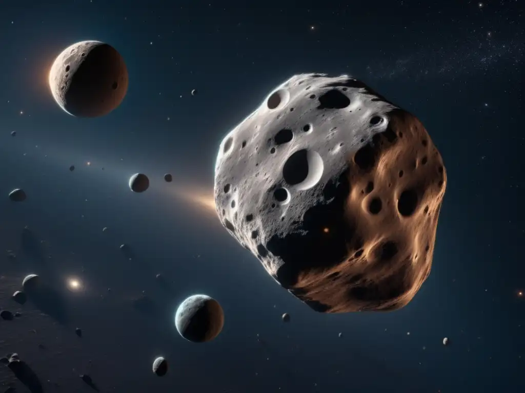 Asteroida con lunas y efecto gravitatorio Impacto de marea gravitacional en lunas asteroides con detalles ultradetallados y paisajes distorsionados en el espacio