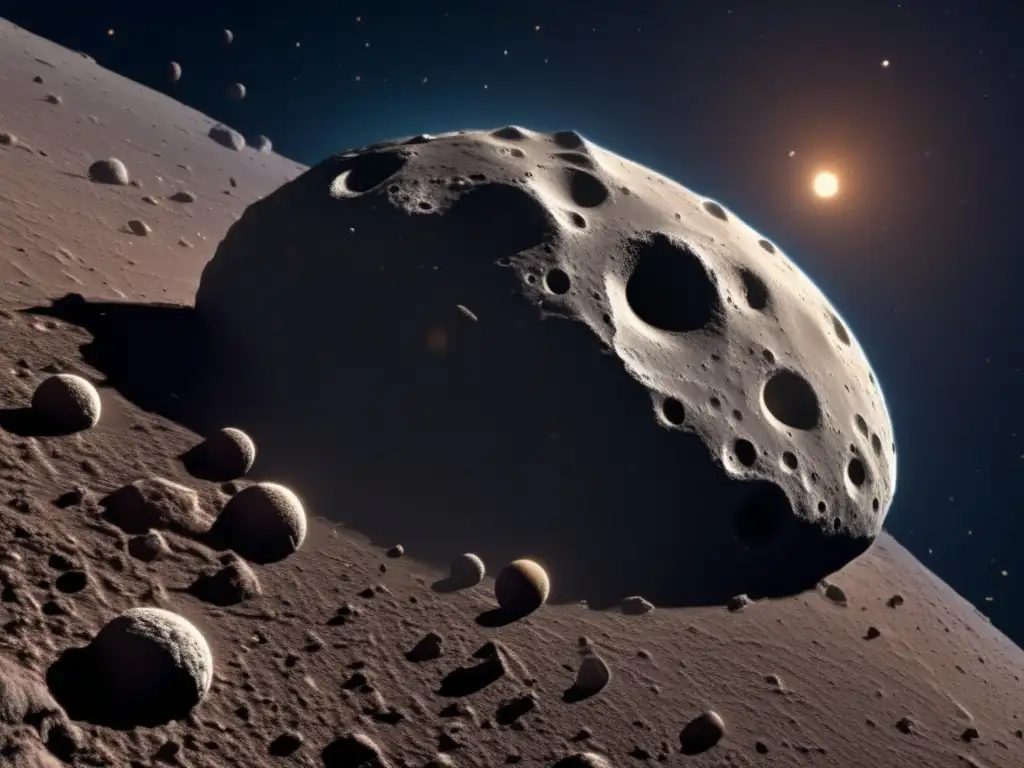 Asteroida rodeada de lunas pequeñas y cráteres Impacto de marea gravitacional en lunas asteroides rodeadas por estrellas y galaxias