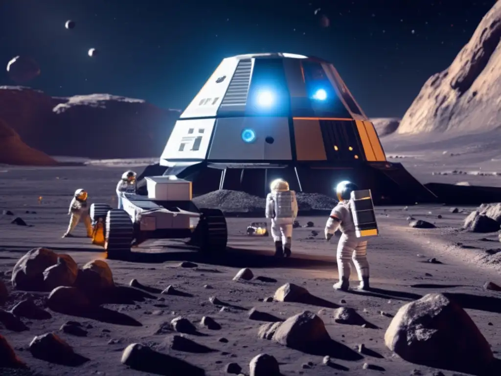 Futuro centro minero espacial Impacto de marea gravitacional en lunas asteroides: instalación minera futurista, astronautas, experimentos científicos, recursos y formaciones geológicas
