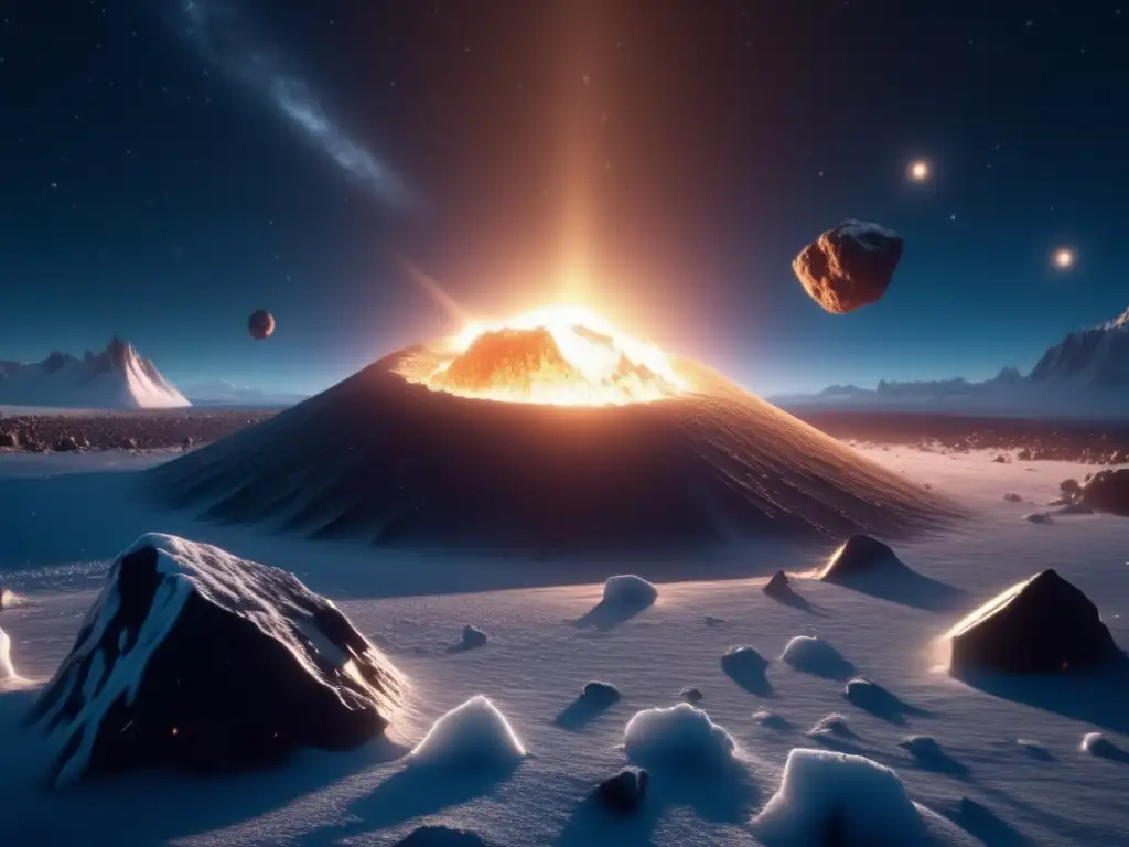 Impacto masivo en asteroide: paisaje helado y cráter impresionante Impacto masivo en asteroide helado: paisaje congelado, luz etérea y asteroides en el espacio