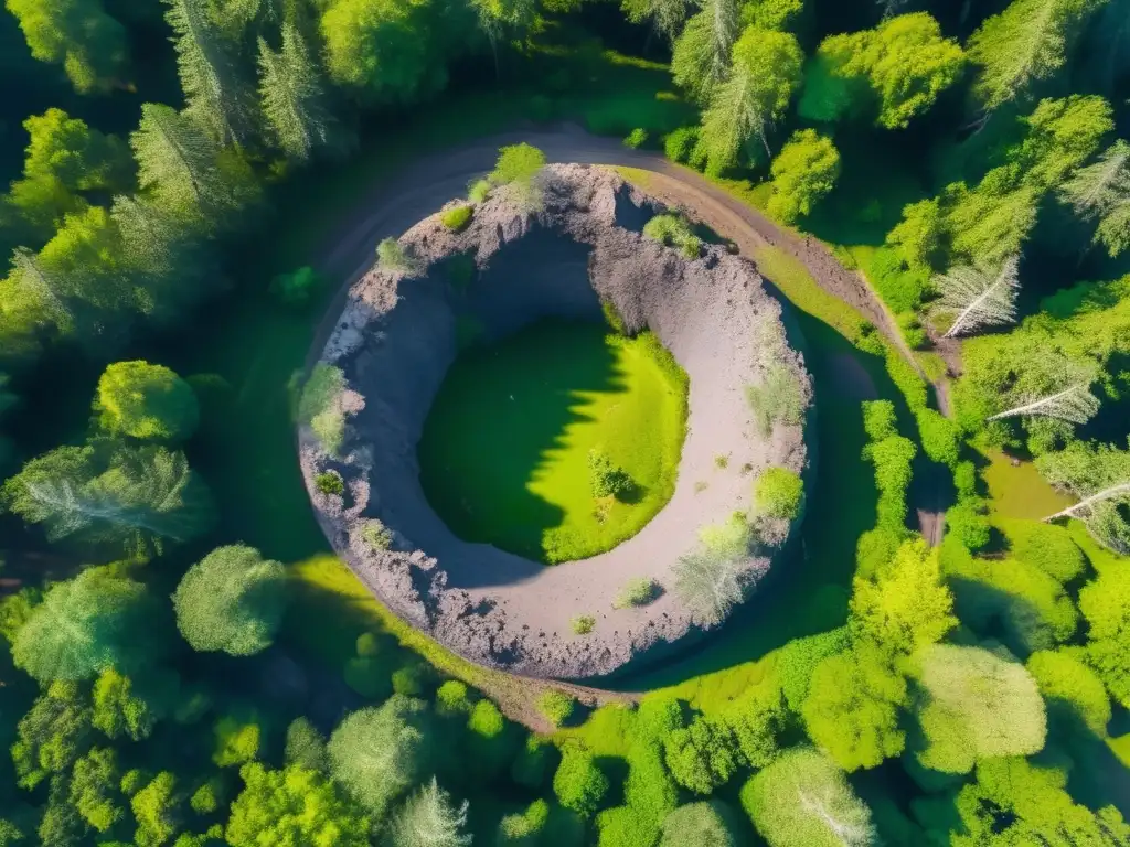 Impacto de meteorito en bosque densa Impacto meteorito en bosque: Cráter central rodeado de rocas, escombros y vegetación, científicos discuten estrategias defensa planetaria asteroides