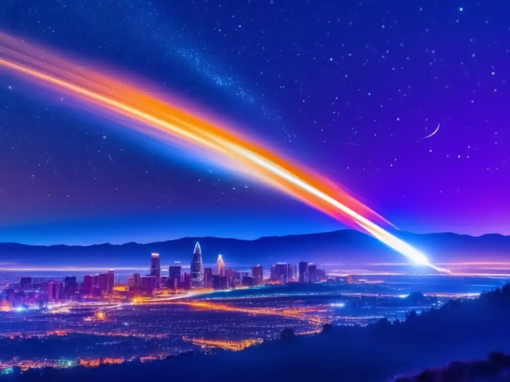 Meteorito luminoso surcando el cielo nocturno Impacto meteorito en lugares inesperados: meteorito brillante y colorido surcando el cielo nocturno, dejando una estela de partículas resplandecientes
