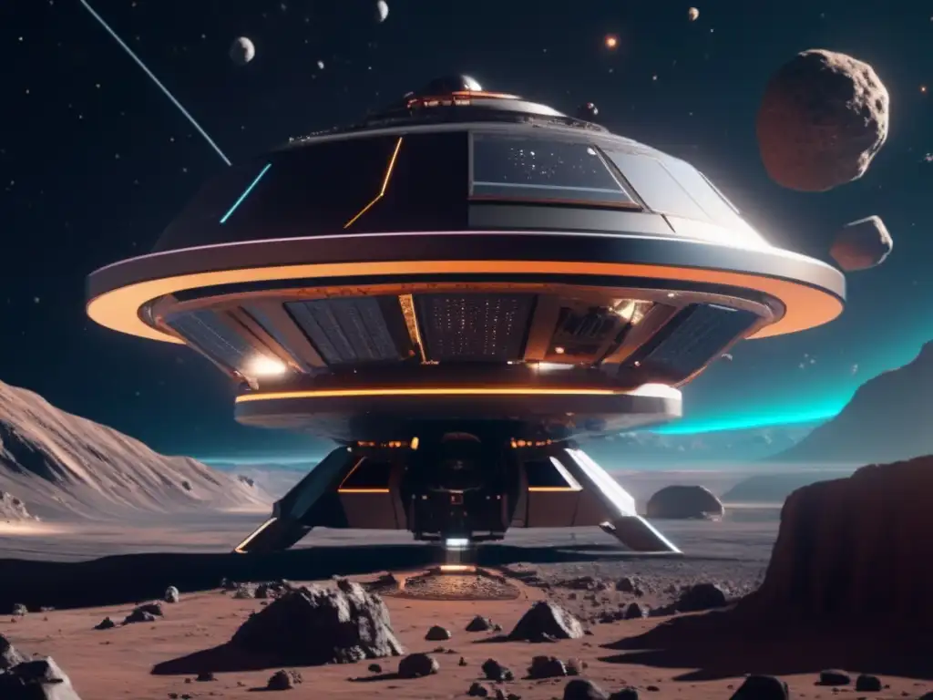 Futurista estación espacial en asteroide Impacto de la minería de asteroides: ética y medio ambiente