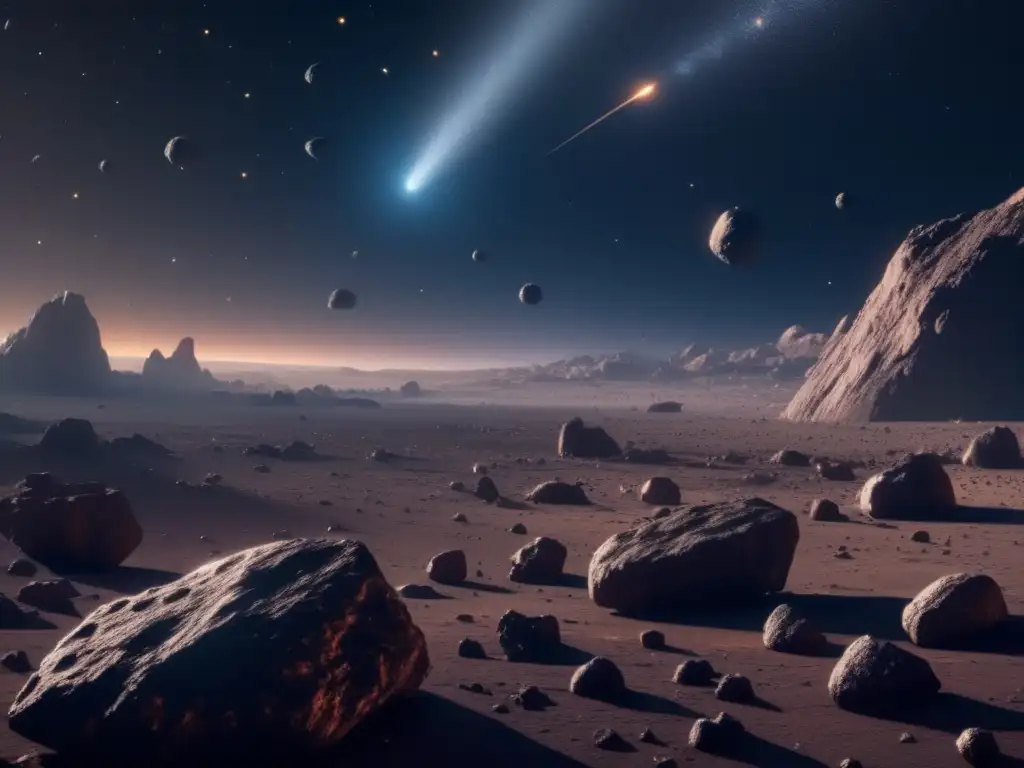 Espectacular vista de campo de asteroides Impacto de minería en asteroides y tratados internacionales