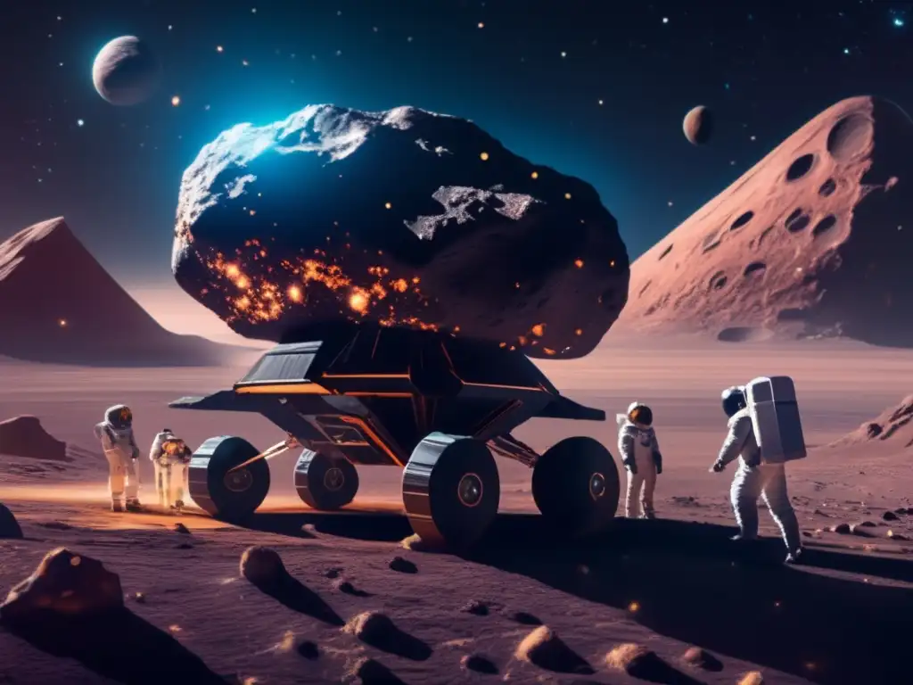 Asteroide orgánico en el espacio Impacto orgánico en asteroides: equipo científico recolectando muestras en el espacio