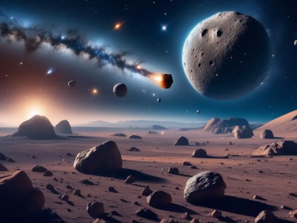 Impresionante vista del espacio en 8k Impacto de silicato en asteroides S: vista 8k impresionante del espacio, con estrellas, galaxias y rocas iluminadas