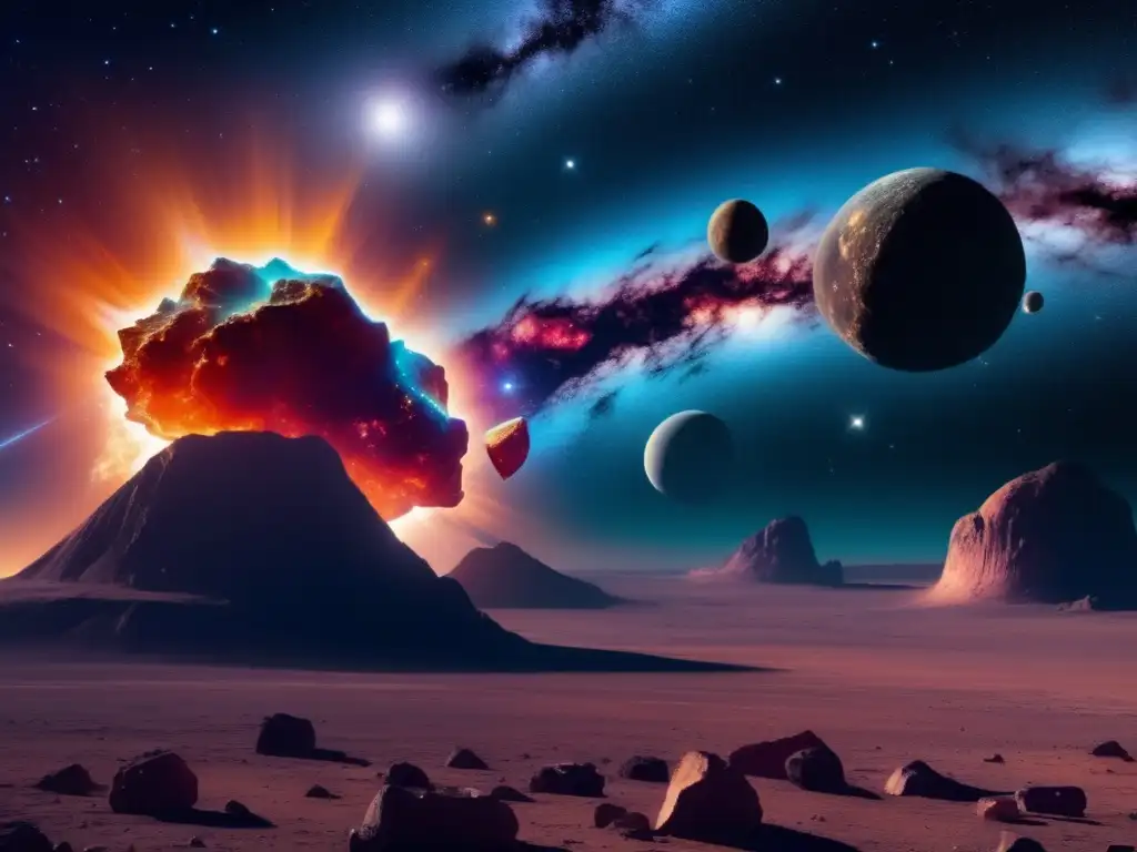 Efectos de una colisión cósmica Impacto silicato en asteroides S: escenario cósmico de colosal colisión con asteroide amenazante y paisaje lunar impactado