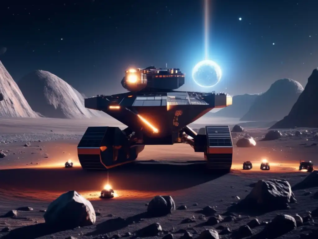 Impacto asteroides evolución terrestre - Mina espacial futurista en asteroide: navega por la superficie rugosa y extrae minerales valiosos