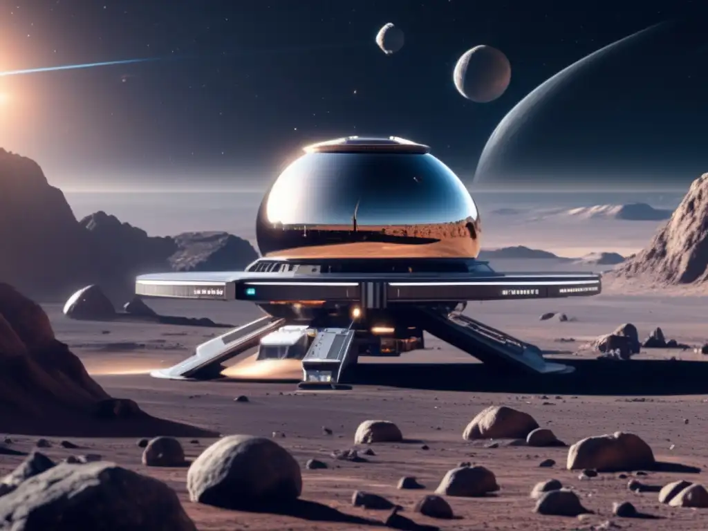 Estación espacial futurista en asteroide Predicción impactos asteroides avanzados en estación espacial futurista orbitando asteroide distante