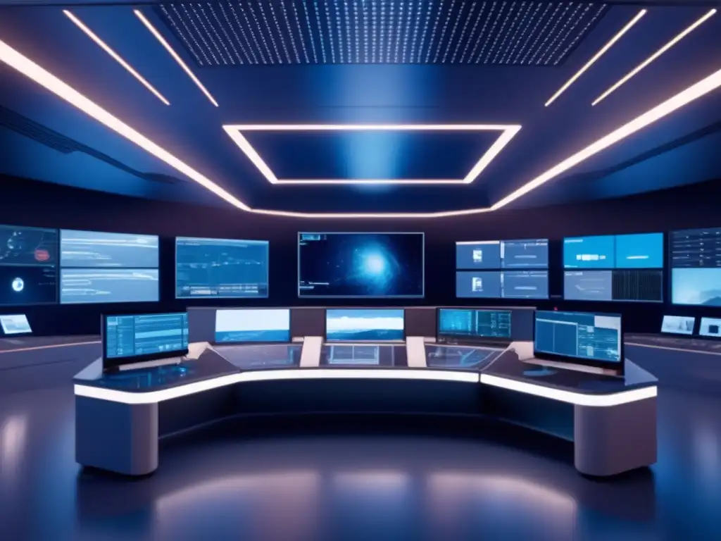 Control avanzado de asteroides Predicción impactos asteroides avanzados en sala de control futurista con tecnología de vanguardia
