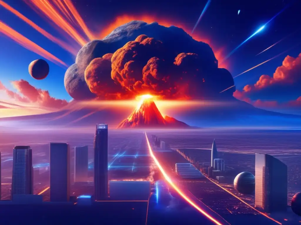 Protección contra impactos de asteroides: ciudad en peligro, cielo en llamas, vehículos guardianes avanzados y tecnología de vanguardia