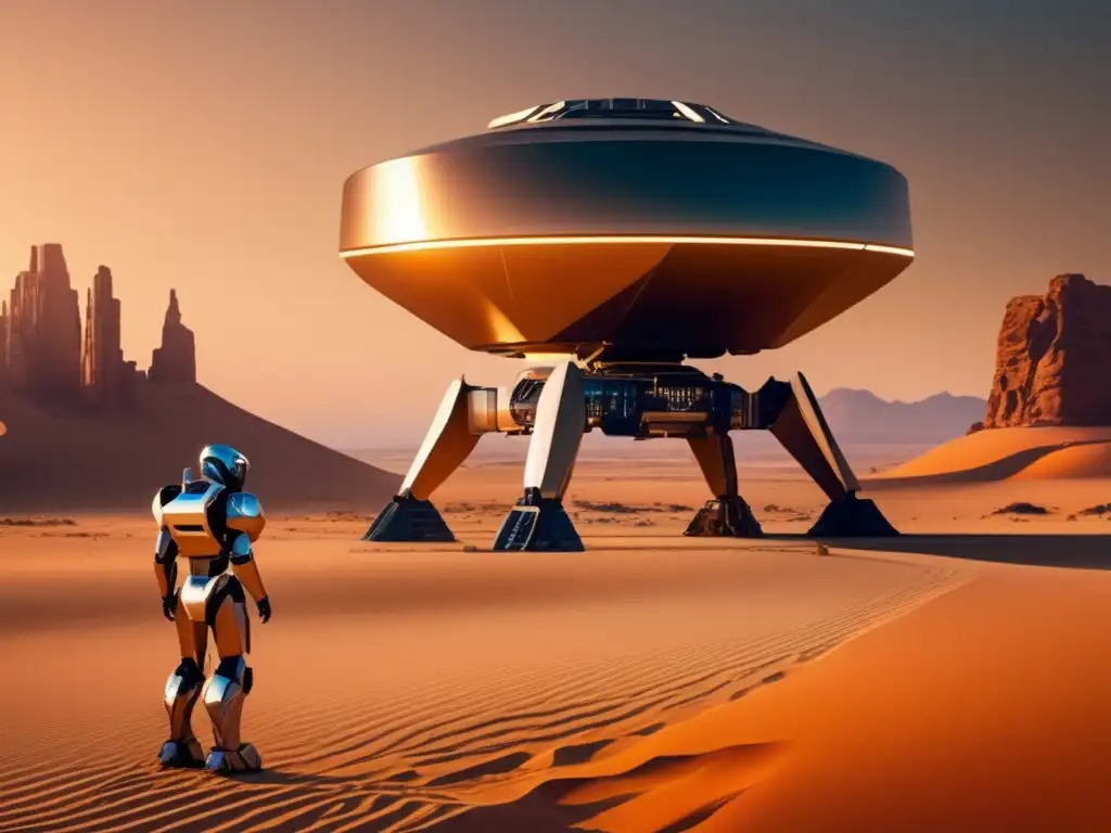 Descripción: Protección contra impactos de asteroides en un desierto con un guardián robótico futurista y un asteroide en el cielo