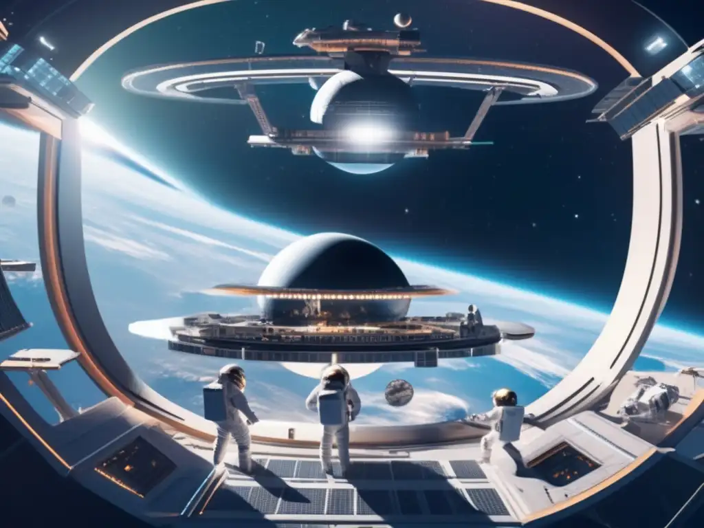 Preparación para impactos de asteroides futuros en una estación espacial futurista con astronautas trabajando