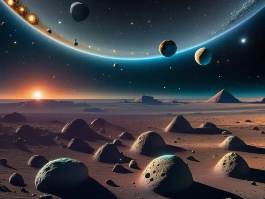 Asombroso asteroide en el espacio Impactos asteroides historia Tierra, vista impresionante del espacio con cinturón masivo de asteroides, variedad de formas y colores vibrantes