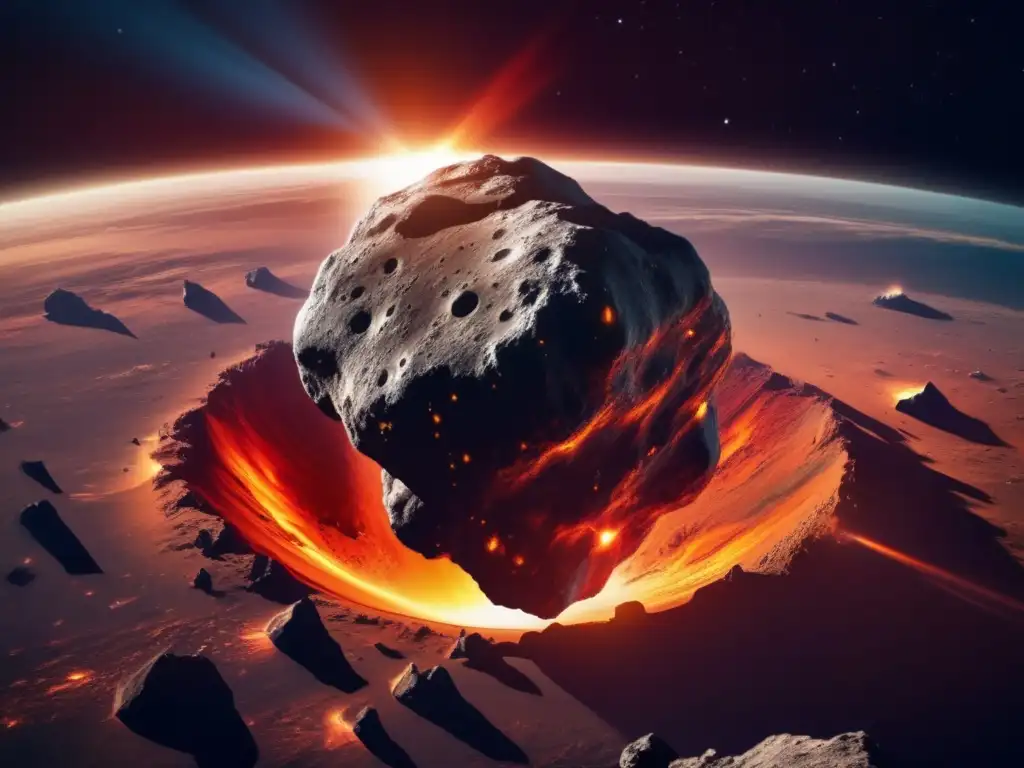 Asteroide gigante rumbo a la Tierra Impactos de asteroides en la Tierra: Asteroida en ruta, texturas imponentes, colores vibrantes y la Tierra al fondo
