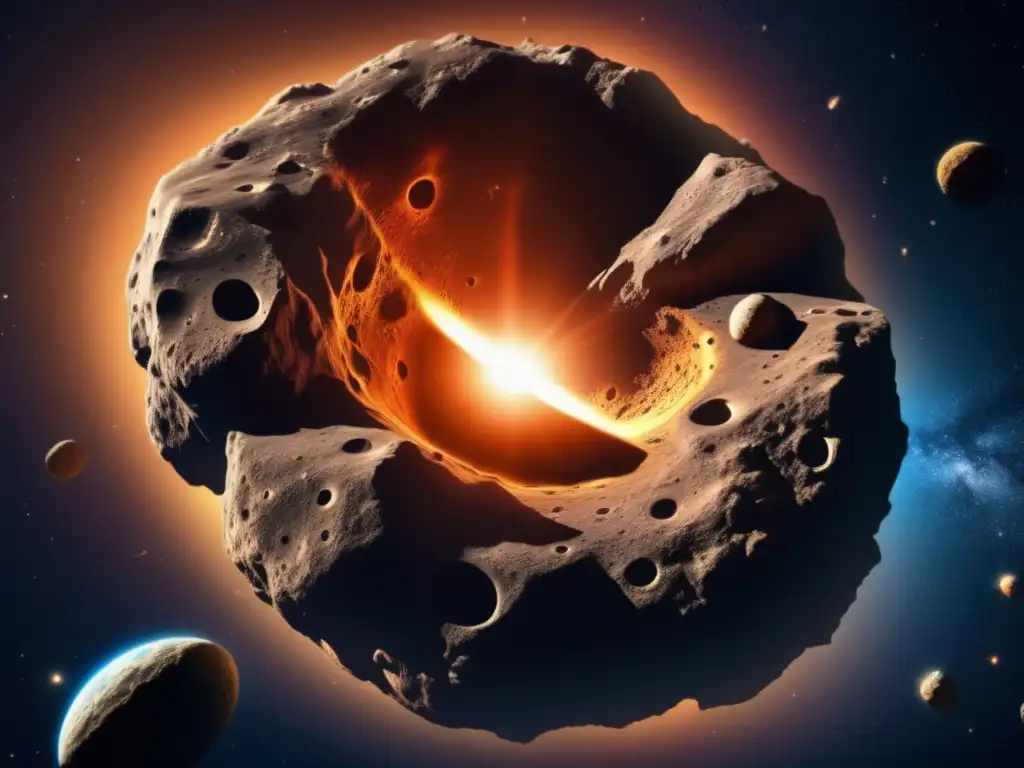 Colosal asteroide en el espacio Impactos de asteroides en la Tierra: Colosal asteroide en el espacio, con superficie rocosa llena de cráteres, rodeado por estrellas distantes