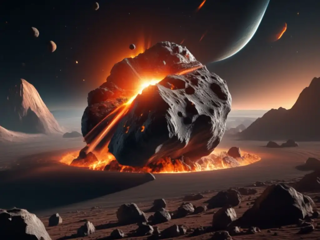 Masiva roca espacial amenaza Implicaciones legales colonización asteroides: Asteroide masivo acercándose a la Tierra, con detalles y colores ominosos