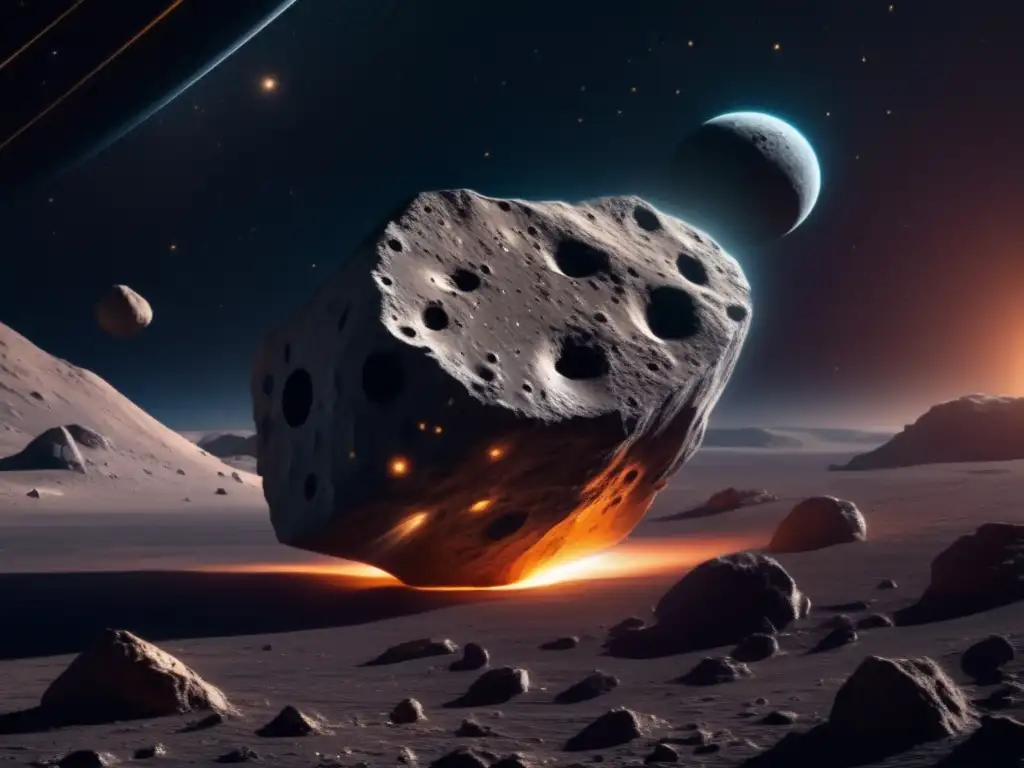 Exploración científica de asteroides Importancia asteroides en ciencia: nave espacial orbitando asteroide, paisaje rugoso y científico avanzado