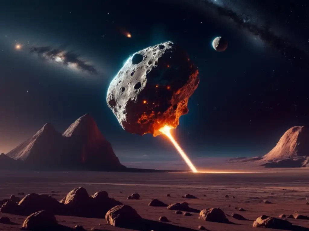 Asteroide flotando en el espacio con nave espacial Importancia de asteroides en ciencia: vista impresionante de asteroide flotando en el espacio, con nave futurista y tecnología avanzada