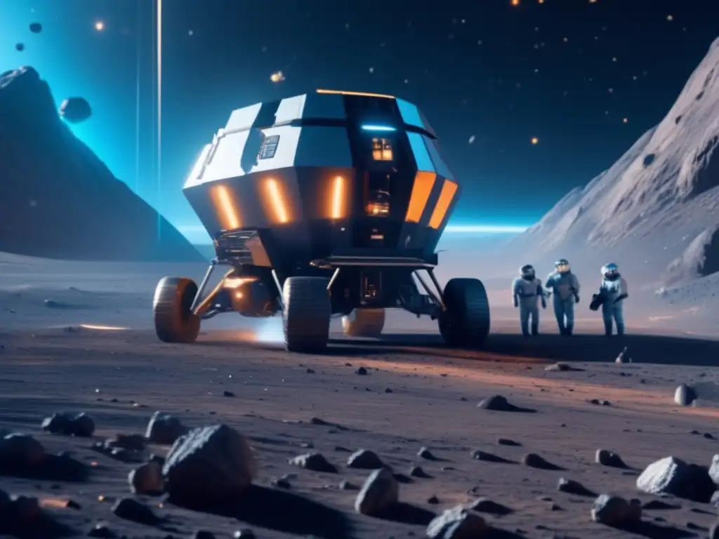 Mineria espacial en asteroide futurista Importancia de explotación de asteroides: Futuro minero espacial muestra operación ultradetallada 8K en asteroide