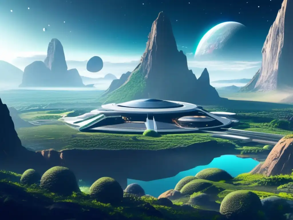Colonia futurista en asteroide: belleza y sostenibilidad Importancia de los asteroides en la colonización: Imagen impactante de una futurista colonia astral, con detalles exquisitos y elementos autosostenibles