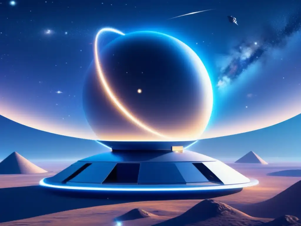 Importancia de NEOCam en detección de asteroides: observatorio futurista flotando en el cosmos, tecnología avanzada, estrellas brillantes y asteroides