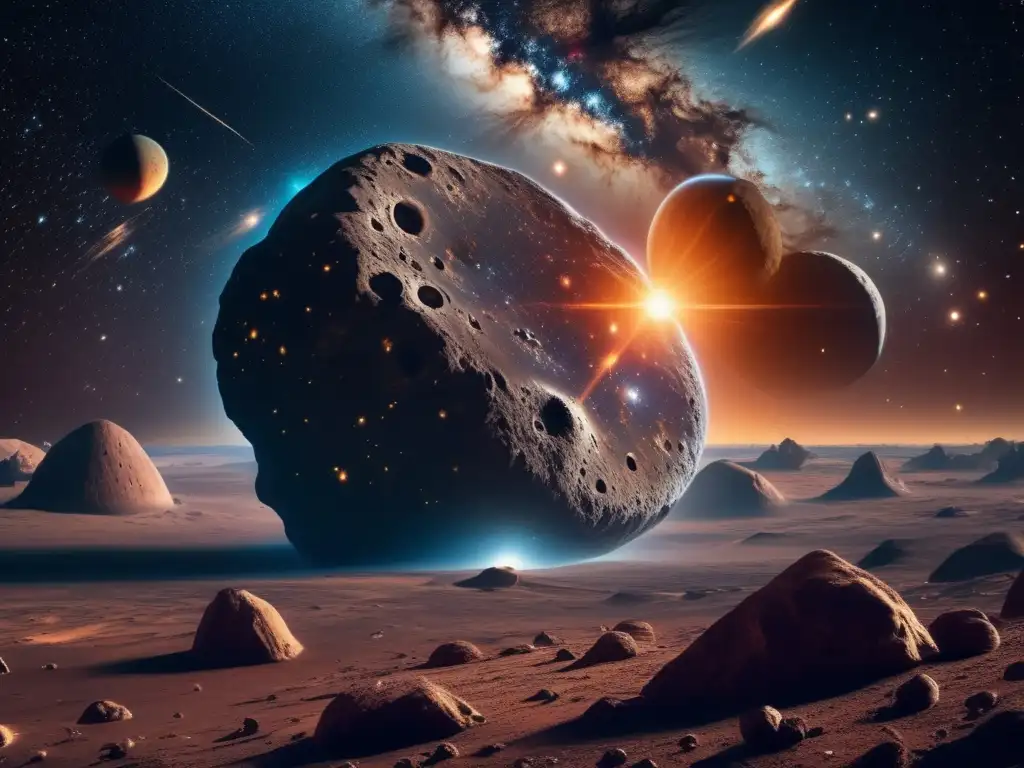 Paisaje cósmico con asteroide antiguo Importancia de los asteroides en el universo: imagen 8k detallada de un paisaje cósmico infinito con estrellas, galaxias y un asteroide impresionante