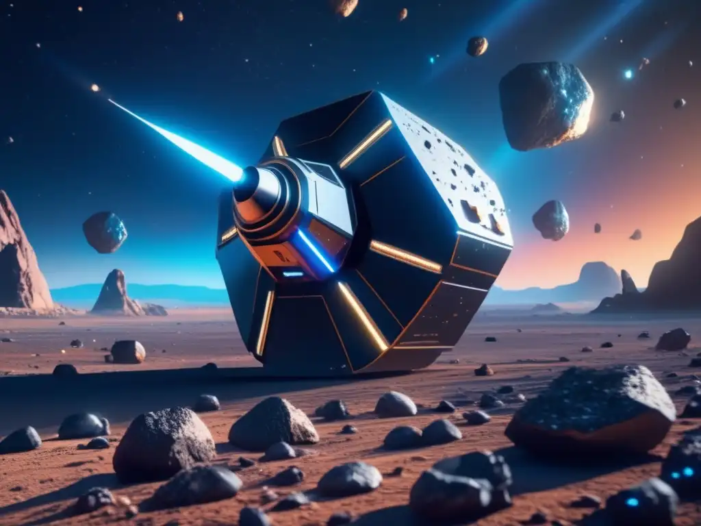 Sonda espacial futurista sobre asteroides Importancia de asteroides en el universo: sonda espacial futurista explorando campo de asteroides con colores vibrantes
