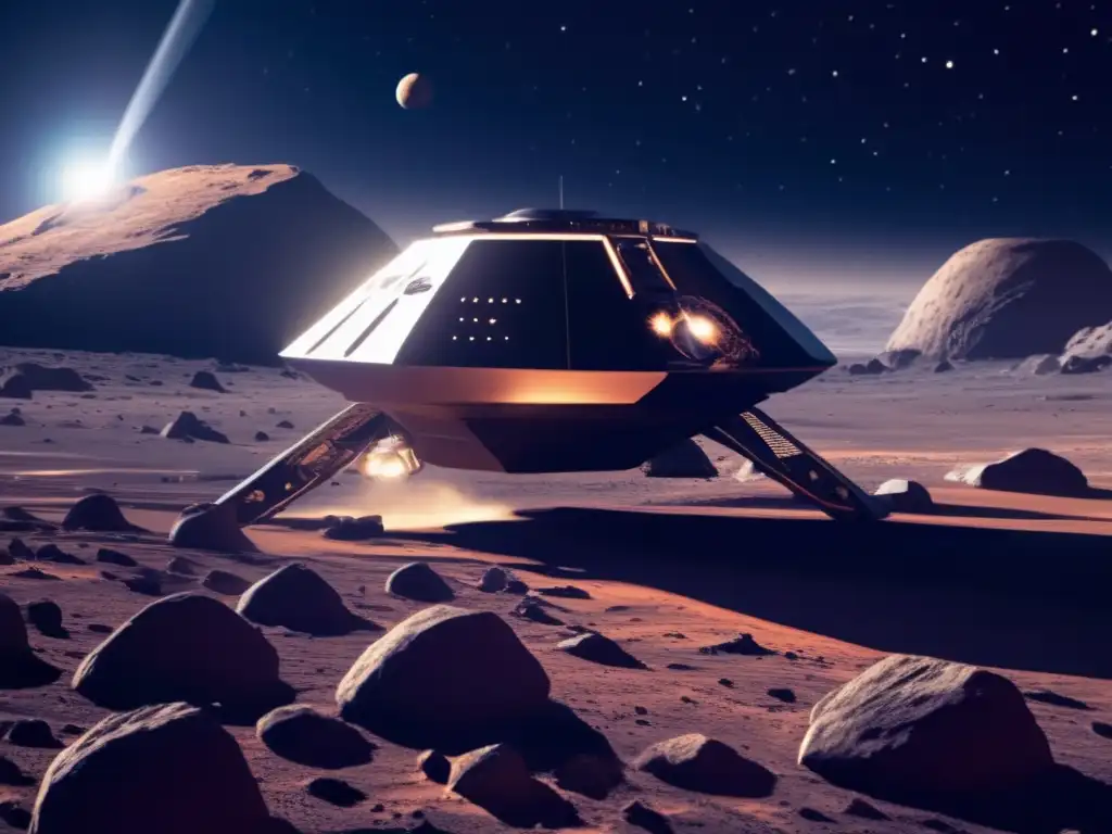 Exploración espacial en asteroide Importancia de asteroides en el universo: nave espacial explorando asteroide