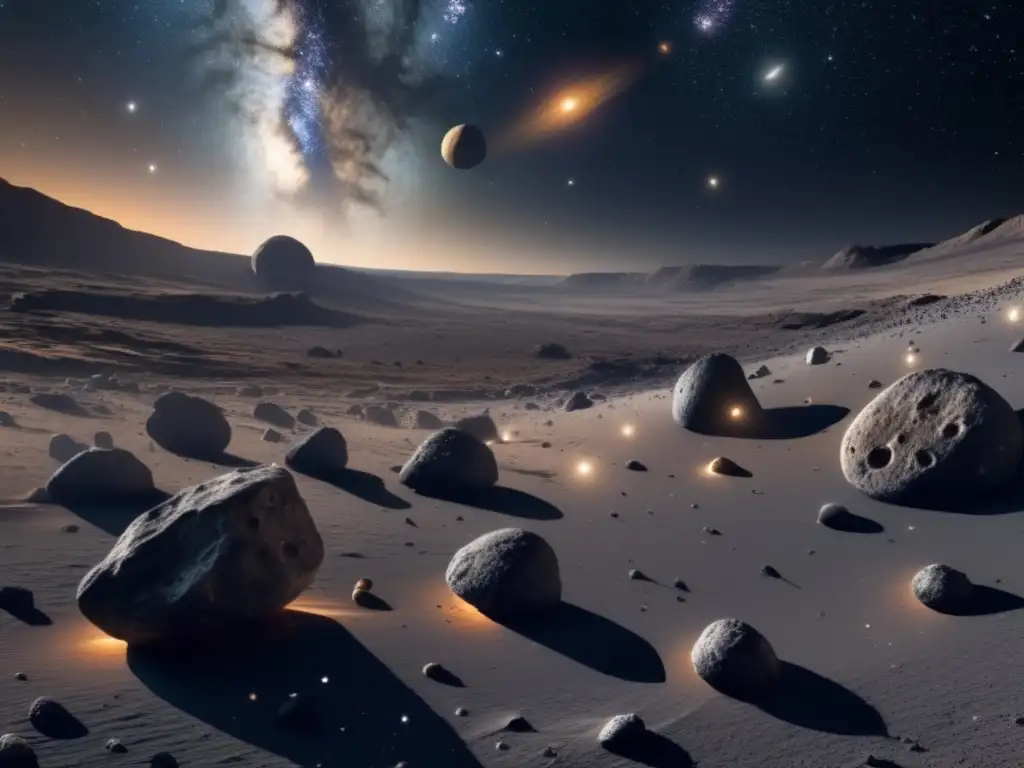 Galaxia estrellada y cinturón de asteroides Importancia de asteroides en el universo: vasto espacio estelar con cinturón de asteroides, detalles fascinantes, composición impactante