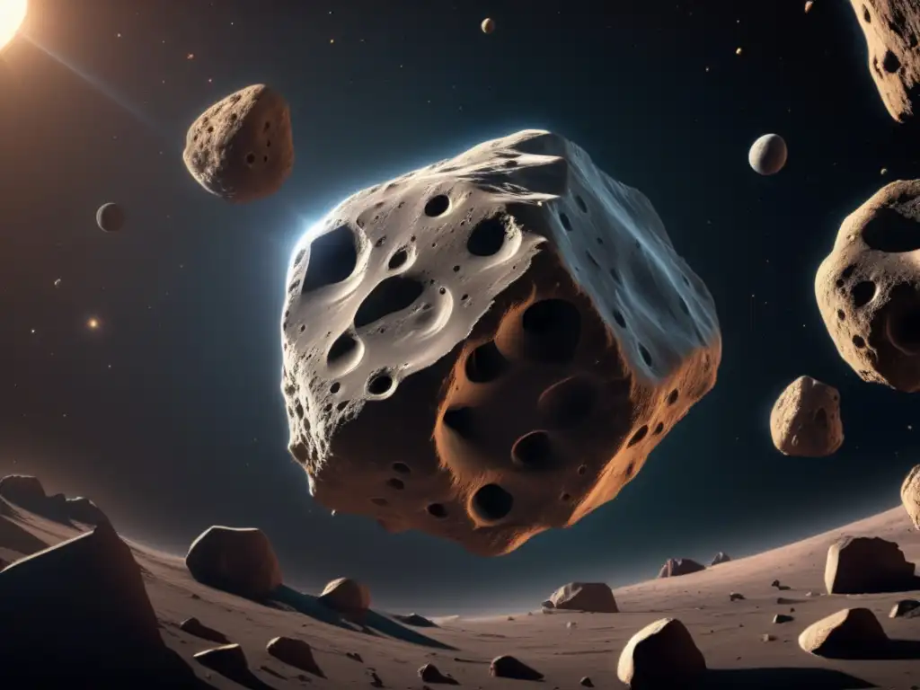 Asteroida en el espacio Importancia de asteroides en el universo: Vista cercana de un asteroide masivo en el espacio, con textura rocosa y detalles impresionantes