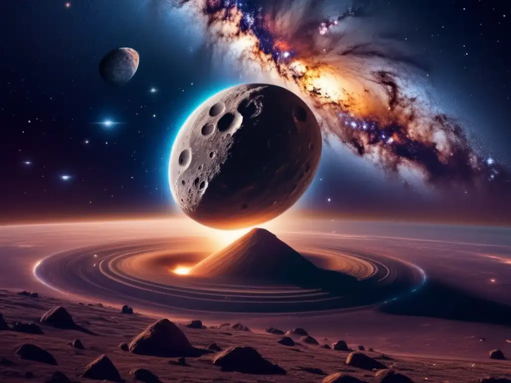 Galaxia espiral y asteroide con instalaciones futuristas Importancia de los asteroides en la vida humana