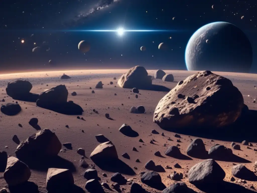 Importancia de la microgravedad en asteroides: Imagen 8K muestra vasto espacio, asteroides de distintos tamaños y formas, texturas y bordes rugosos